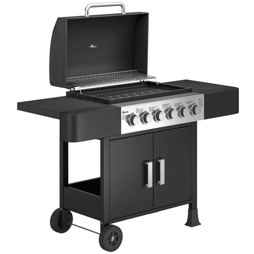 Outsunny Barbecue a Gás Barbeceu com 6 Queimadores 15 kW Barbeceu Portátil com Termómetro tampa 2 Prateleiras Laterais Armário Grelha de Aquecimento e Bandeja de Recolha de Gordura 135x51x101u202Fcm Preto