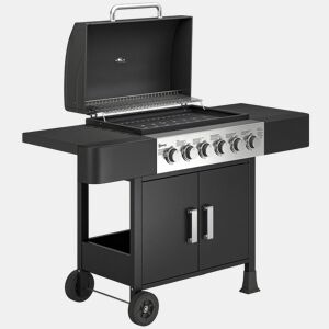 Outsunny Barbecue a Gás Barbeceu com 6 Queimadores 15 kW Barbeceu Portátil com Termómetro tampa 2 Prateleiras Laterais Armário Grelha de Aquecimento e Bandeja de Recolha de Gordura 135x51x101u202Fcm Preto