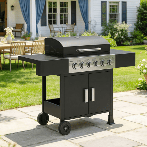 Outsunny Barbecue a Gás Barbeceu com 6 Queimadores 15 kW Barbeceu Portátil com Termómetro tampa 2 Prateleiras Laterais Armário Grelha de Aquecimento e Bandeja de Recolha de Gordura 135x51x101u202Fcm Preto