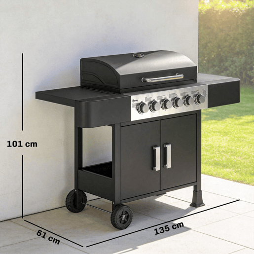 Outsunny Barbecue a Gás Barbeceu com 6 Queimadores 15 kW Barbeceu Portátil com Termómetro tampa 2 Prateleiras Laterais Armário Grelha de Aquecimento e Bandeja de Recolha de Gordura 135x51x101u202Fcm Preto