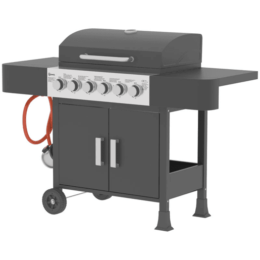Outsunny Barbecue a Gás Barbeceu com 6 Queimadores 15 kW Barbeceu Portátil com Termómetro tampa 2 Prateleiras Laterais Armário Grelha de Aquecimento e Bandeja de Recolha de Gordura 135x51x101u202Fcm Preto