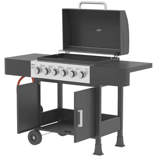 Outsunny Barbecue a Gás Barbeceu com 6 Queimadores 15 kW Barbeceu Portátil com Termómetro tampa 2 Prateleiras Laterais Armário Grelha de Aquecimento e Bandeja de Recolha de Gordura 135x51x101u202Fcm Preto