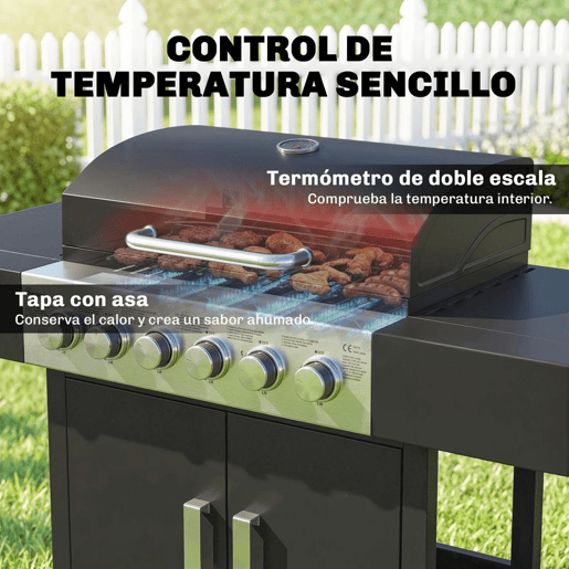 Outsunny Barbecue a Gás Barbeceu com 6 Queimadores 15 kW Barbeceu Portátil com Termómetro tampa 2 Prateleiras Laterais Armário Grelha de Aquecimento e Bandeja de Recolha de Gordura 135x51x101u202Fcm Preto