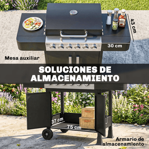 Outsunny Barbecue a Gás Barbeceu com 6 Queimadores 15 kW Barbeceu Portátil com Termómetro tampa 2 Prateleiras Laterais Armário Grelha de Aquecimento e Bandeja de Recolha de Gordura 135x51x101u202Fcm Preto