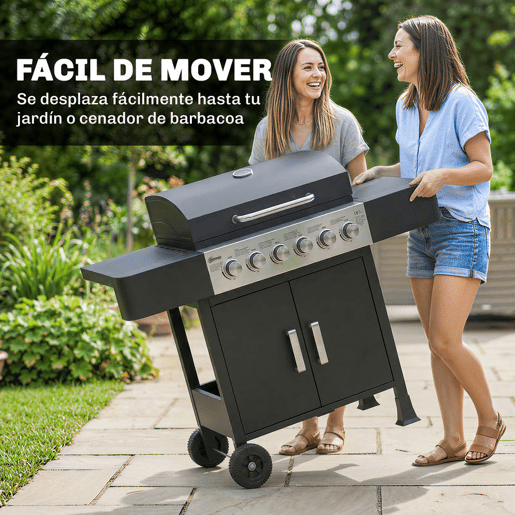 Outsunny Barbecue a Gás Barbeceu com 6 Queimadores 15 kW Barbeceu Portátil com Termómetro tampa 2 Prateleiras Laterais Armário Grelha de Aquecimento e Bandeja de Recolha de Gordura 135x51x101u202Fcm Preto