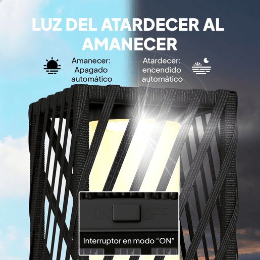 Outsunny Candeeiro de Jardim em Vime Candeeiro Solar Exterior com Luzes LED Automáticas Impermeável IP44 Candeeiro de Pé para Terraço Varanda Jardim 16x16x68 cm Preto