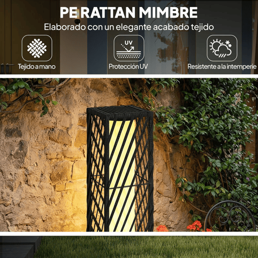 Outsunny Candeeiro de Jardim em Vime Candeeiro Solar Exterior com Luzes LED Automáticas Impermeável IP44 Candeeiro de Pé para Terraço Varanda Jardim 16x16x68 cm Preto