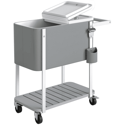 Outsunny Carro Térmico de 56L com Rodas Carro de Bebidas com Prateleira Abre-Garrafas Coletor de Tampas Dreno e Pega Mesa Térmica para Jardim Exterior Festas, BBQ, 84x38x83 cm Cinzento