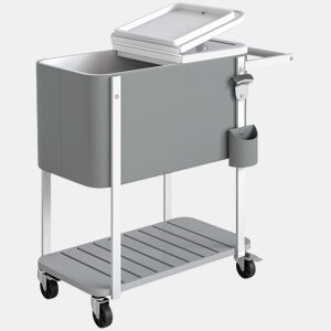Outsunny Carro Térmico de 56L com Rodas Carro de Bebidas com Prateleira Abre-Garrafas Coletor de Tampas Dreno e Pega Mesa Térmica para Jardim Exterior Festas, BBQ, 84x38x83 cm Cinzento