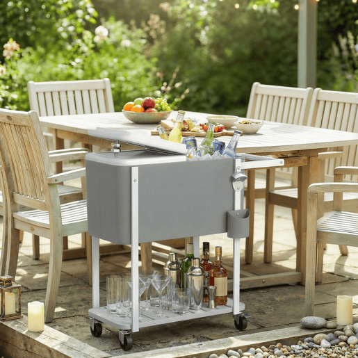 Outsunny Carro Térmico de 56L com Rodas Carro de Bebidas com Prateleira Abre-Garrafas Coletor de Tampas Dreno e Pega Mesa Térmica para Jardim Exterior Festas, BBQ, 84x38x83 cm Cinzento