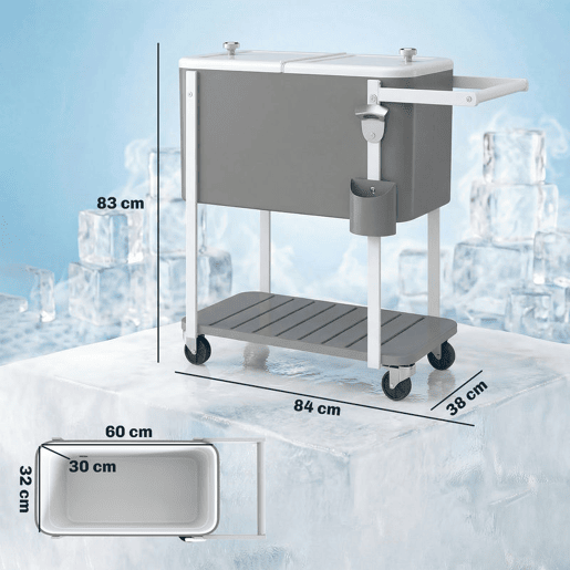 Outsunny Carro Térmico de 56L com Rodas Carro de Bebidas com Prateleira Abre-Garrafas Coletor de Tampas Dreno e Pega Mesa Térmica para Jardim Exterior Festas, BBQ, 84x38x83 cm Cinzento