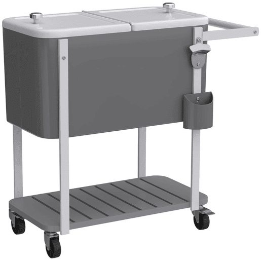 Outsunny Carro Térmico de 56L com Rodas Carro de Bebidas com Prateleira Abre-Garrafas Coletor de Tampas Dreno e Pega Mesa Térmica para Jardim Exterior Festas, BBQ, 84x38x83 cm Cinzento