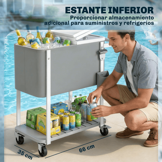 Outsunny Carro Térmico de 56L com Rodas Carro de Bebidas com Prateleira Abre-Garrafas Coletor de Tampas Dreno e Pega Mesa Térmica para Jardim Exterior Festas, BBQ, 84x38x83 cm Cinzento