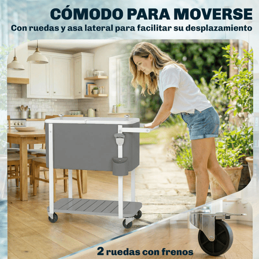 Outsunny Carro Térmico de 56L com Rodas Carro de Bebidas com Prateleira Abre-Garrafas Coletor de Tampas Dreno e Pega Mesa Térmica para Jardim Exterior Festas, BBQ, 84x38x83 cm Cinzento