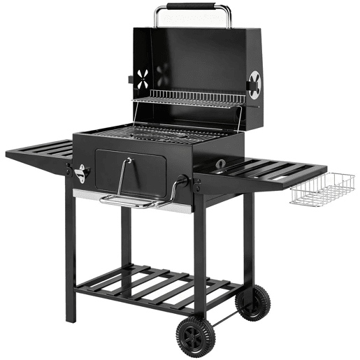 Outsunny Barbecue a Carvão Portátil, Barbecue Móvel com Bandeja Ajustável, Prateleiras Dobráveis, Termómetro, Tampa, Chaminé, Ventilação, Gaveta para Cinzas, Rodas, Cesto Lateral e Pega, Preto