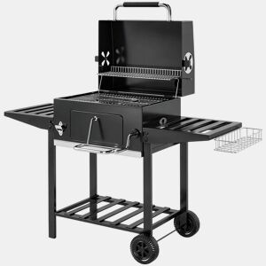 Outsunny Barbecue a Carvão Portátil, Barbecue Móvel com Bandeja Ajustável, Prateleiras Dobráveis, Termómetro, Tampa, Chaminé, Ventilação, Gaveta para Cinzas, Rodas, Cesto Lateral e Pega, Preto