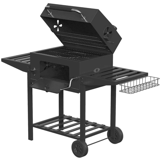 Outsunny Barbecue a Carvão Portátil, Barbecue Móvel com Bandeja Ajustável, Prateleiras Dobráveis, Termómetro, Tampa, Chaminé, Ventilação, Gaveta para Cinzas, Rodas, Cesto Lateral e Pega, Preto