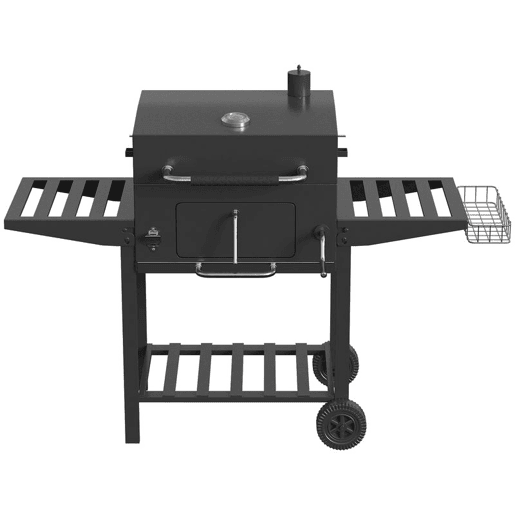 Outsunny Barbecue a Carvão Portátil, Barbecue Móvel com Bandeja Ajustável, Prateleiras Dobráveis, Termómetro, Tampa, Chaminé, Ventilação, Gaveta para Cinzas, Rodas, Cesto Lateral e Pega, Preto