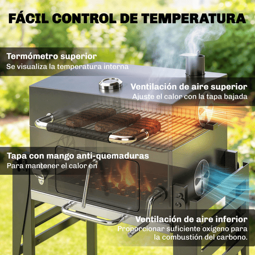 Outsunny Barbecue a Carvão Portátil, Barbecue Móvel com Bandeja Ajustável, Prateleiras Dobráveis, Termómetro, Tampa, Chaminé, Ventilação, Gaveta para Cinzas, Rodas, Cesto Lateral e Pega, Preto