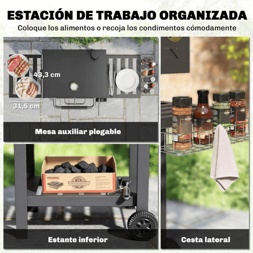 Outsunny Barbecue a Carvão Portátil, Barbecue Móvel com Bandeja Ajustável, Prateleiras Dobráveis, Termómetro, Tampa, Chaminé, Ventilação, Gaveta para Cinzas, Rodas, Cesto Lateral e Pega, Preto