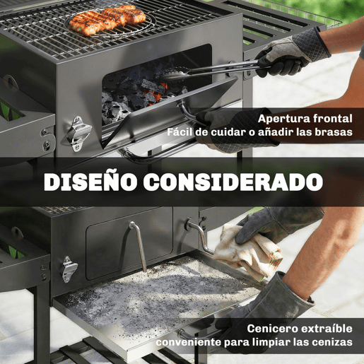 Outsunny Barbecue a Carvão Portátil, Barbecue Móvel com Bandeja Ajustável, Prateleiras Dobráveis, Termómetro, Tampa, Chaminé, Ventilação, Gaveta para Cinzas, Rodas, Cesto Lateral e Pega, Preto