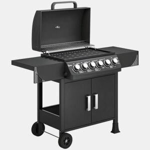 Outsunny Barbecue a Gás BBQ a Gás com 6 Queimadores 15 kW Barbecue Portátil com Termómetro Mesas Laterais Armário Grelha de Aquecimento Grelha Bandeja de Recolha de Gordura 2 Rodas e Tampa 135x51x101 cm Preto