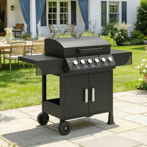 Outsunny Barbecue a Gás BBQ a Gás com 6 Queimadores 15 kW Barbecue Portátil com Termómetro Mesas Laterais Armário Grelha de Aquecimento Grelha Bandeja de Recolha de Gordura 2 Rodas e Tampa 135x51x101 cm Preto