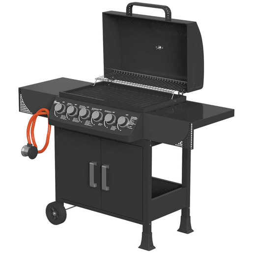 Outsunny Barbecue a Gás BBQ a Gás com 6 Queimadores 15 kW Barbecue Portátil com Termómetro Mesas Laterais Armário Grelha de Aquecimento Grelha Bandeja de Recolha de Gordura 2 Rodas e Tampa 135x51x101 cm Preto