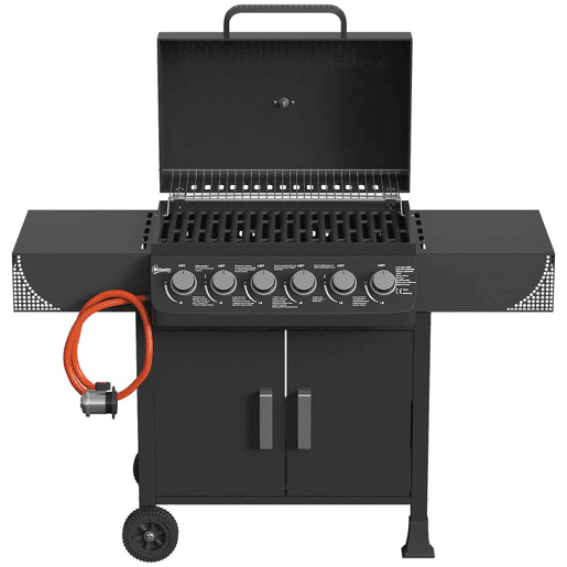 Outsunny Barbecue a Gás BBQ a Gás com 6 Queimadores 15 kW Barbecue Portátil com Termómetro Mesas Laterais Armário Grelha de Aquecimento Grelha Bandeja de Recolha de Gordura 2 Rodas e Tampa 135x51x101 cm Preto