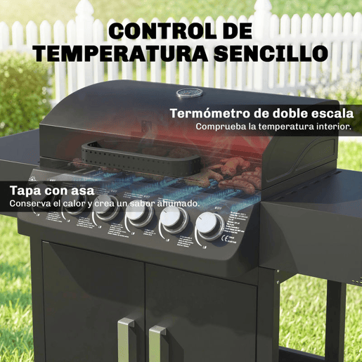 Outsunny Barbecue a Gás BBQ a Gás com 6 Queimadores 15 kW Barbecue Portátil com Termómetro Mesas Laterais Armário Grelha de Aquecimento Grelha Bandeja de Recolha de Gordura 2 Rodas e Tampa 135x51x101 cm Preto