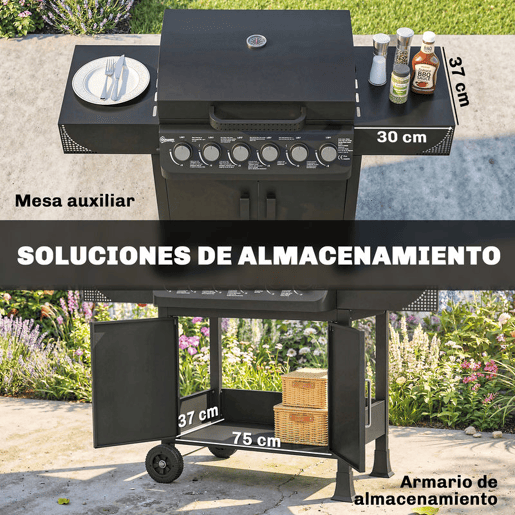 Outsunny Barbecue a Gás BBQ a Gás com 6 Queimadores 15 kW Barbecue Portátil com Termómetro Mesas Laterais Armário Grelha de Aquecimento Grelha Bandeja de Recolha de Gordura 2 Rodas e Tampa 135x51x101 cm Preto