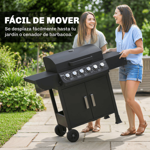 Outsunny Barbecue a Gás BBQ a Gás com 6 Queimadores 15 kW Barbecue Portátil com Termómetro Mesas Laterais Armário Grelha de Aquecimento Grelha Bandeja de Recolha de Gordura 2 Rodas e Tampa 135x51x101 cm Preto