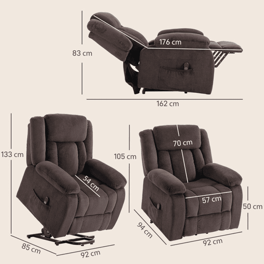 HOMCOM Poltrona Relax Reclinável Elétrica Elevatória com Porta USB, Poltrona Elevadora, com Controlo Remoto Assento Largo Apoio para os Pés Estofada em Veludo Bolsos Laterais Castanho