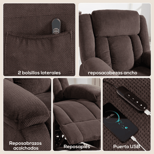 HOMCOM Poltrona Relax Reclinável Elétrica Elevatória com Porta USB, Poltrona Elevadora, com Controlo Remoto Assento Largo Apoio para os Pés Estofada em Veludo Bolsos Laterais Castanho