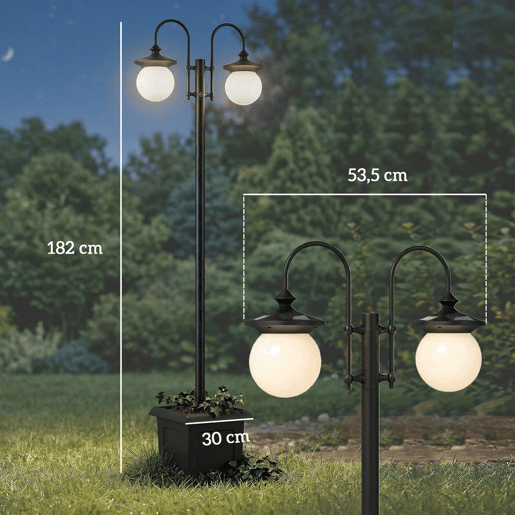 Outsunny Candeeiro Solar de Exterior com Vaso 2 Cabeçais Impermeável IP44 Ligação Automática e Altura Ajustável Luz Solar LED para Jardim Terraço 53,5x30x182 cm Preto