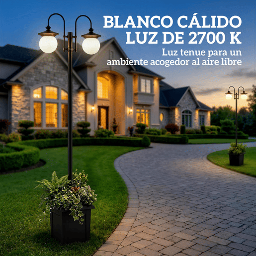 Outsunny Candeeiro Solar de Exterior com Vaso 2 Cabeçais Impermeável IP44 Ligação Automática e Altura Ajustável Luz Solar LED para Jardim Terraço 53,5x30x182 cm Preto