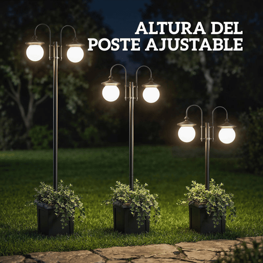 Outsunny Candeeiro Solar de Exterior com Vaso 2 Cabeçais Impermeável IP44 Ligação Automática e Altura Ajustável Luz Solar LED para Jardim Terraço 53,5x30x182 cm Preto