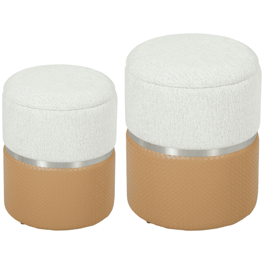 HOMCOM Conjunto de 2 Puffs de Armazenamento Baús Redondos Estofados em Chenille e PU Assento Acolchoado para Entrada Quarto ou Sala Castanho e Creme