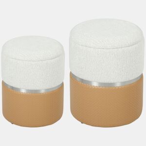 HOMCOM Conjunto de 2 Puffs de Armazenamento Baús Redondos Estofados em Chenille e PU Assento Acolchoado para Entrada Quarto ou Sala Castanho e Creme