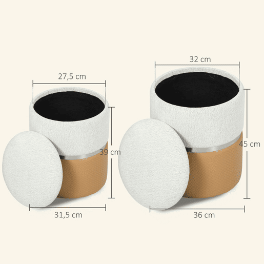 HOMCOM Conjunto de 2 Puffs de Armazenamento Baús Redondos Estofados em Chenille e PU Assento Acolchoado para Entrada Quarto ou Sala Castanho e Creme