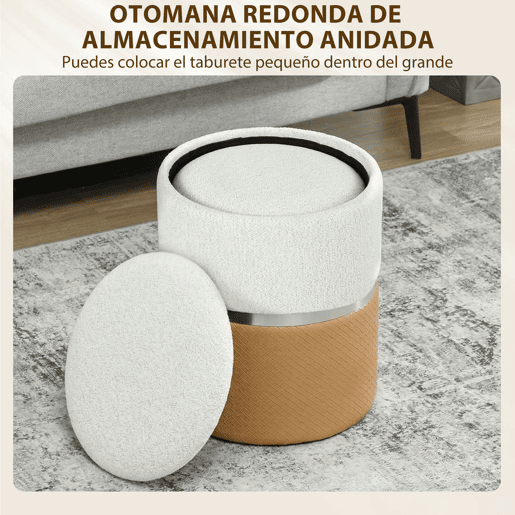 HOMCOM Conjunto de 2 Puffs de Armazenamento Baús Redondos Estofados em Chenille e PU Assento Acolchoado para Entrada Quarto ou Sala Castanho e Creme