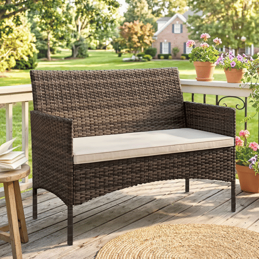 Outsunny Sofá de Exterior em Rattan de 2 Lugares Sofá de Jardim com Almofada Lavável Estrutura de Aço, para Varanda Alpendre Pátio, Caqui