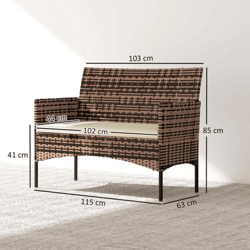 Outsunny Sofá de Exterior em Rattan de 2 Lugares Sofá de Jardim com Almofada Lavável Estrutura de Aço, para Varanda Alpendre Pátio, Caqui