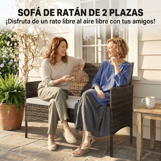 Outsunny Sofá de Exterior em Rattan de 2 Lugares Sofá de Jardim com Almofada Lavável Estrutura de Aço, para Varanda Alpendre Pátio, Caqui