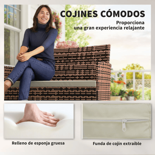 Outsunny Sofá de Exterior em Rattan de 2 Lugares Sofá de Jardim com Almofada Lavável Estrutura de Aço, para Varanda Alpendre Pátio, Caqui