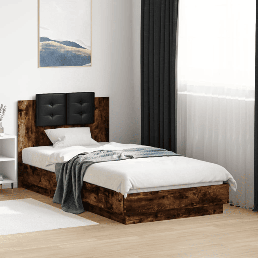 Estrutura de cama de solteiro moderno c cabeceiraluzes LED 90x190 cm carvalho fumado