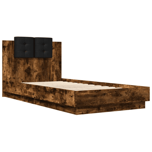 Estrutura de cama de solteiro moderno c cabeceiraluzes LED 90x190 cm carvalho fumado