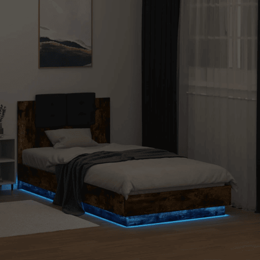 Estrutura de cama de solteiro moderno c cabeceiraluzes LED 90x190 cm carvalho fumado