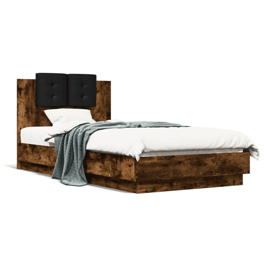 Estrutura de cama de solteiro moderno c cabeceiraluzes LED 90x190 cm carvalho fumado