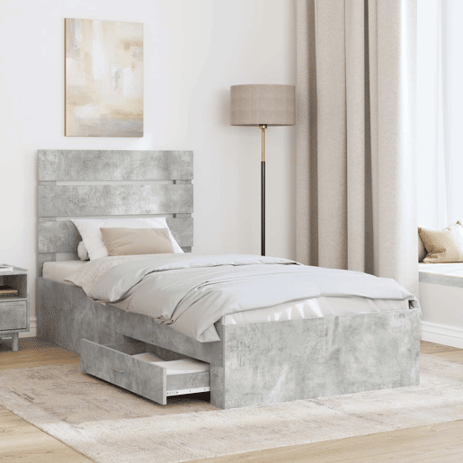 Estrutura de cama de solteiro para adultos com gaveta Cinza Concreto e Prata 70 x 190 cm